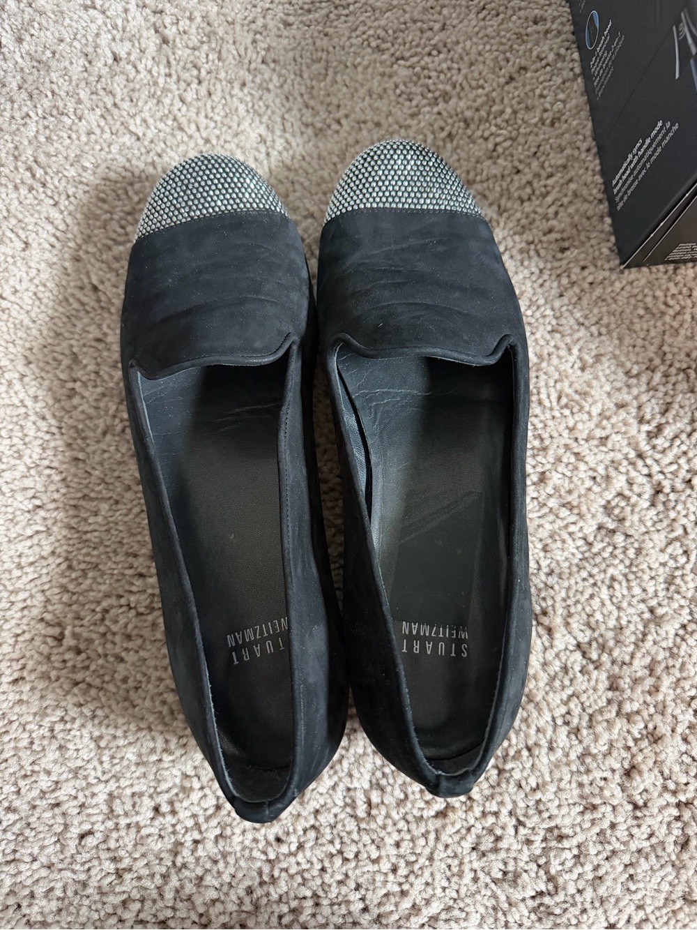Stuart Weitzman Black Suede Flats with Metallic Silver Cap Toe